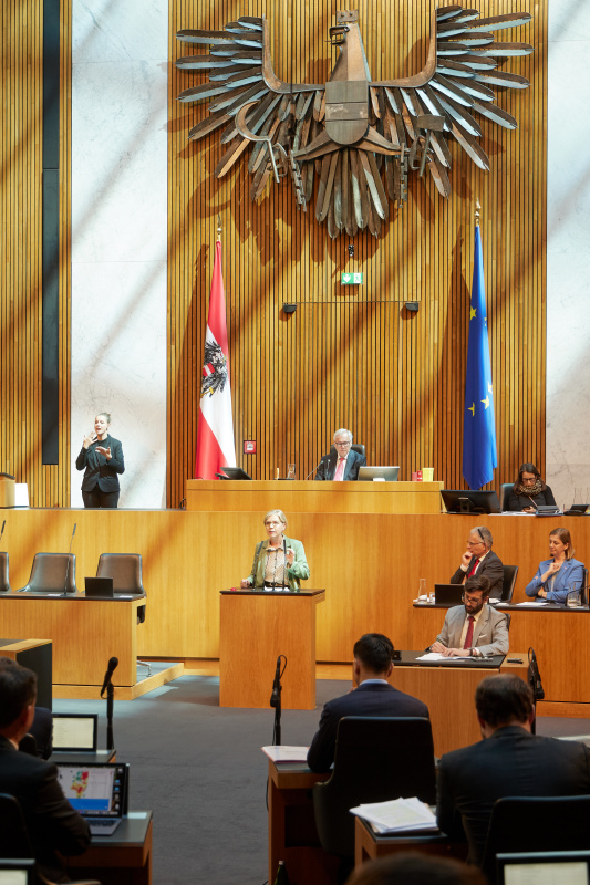 Am Redner:innenpult: Nationalratsabgeordnete Leonore Gewessler (GRÜNE)