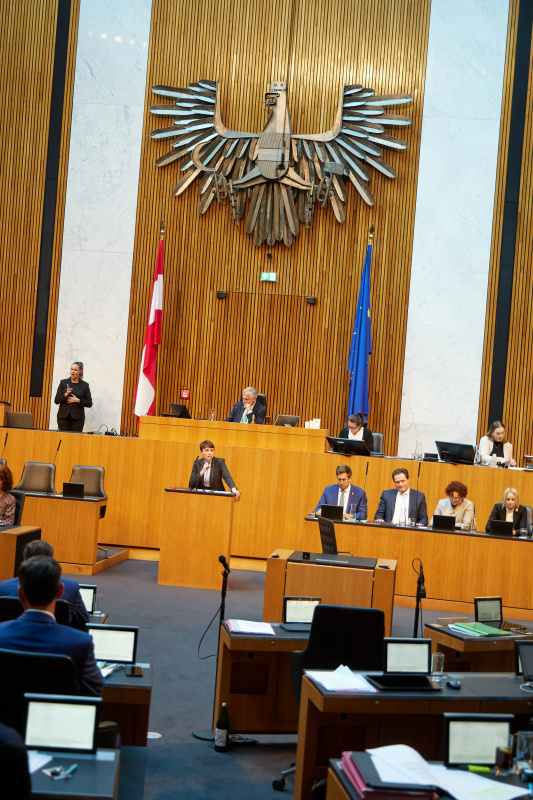 Am Redner:innenpult: Nationalratsabgeordnete Sigrid Maurer (GRÜNE)