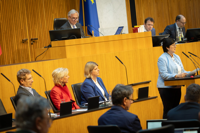 Am Redner:innenpult Nationalratsabgeordnete Rosa Ecker (FPÖ). Nationalratspräsident Walter Rosenkranz (FPÖ) am Präsidium. Auf der Regierungsbank von rechts:  Volksanwältin Elisabeth Schwetz, Volksanwältin Gaby Schwarz und Volksanwalt Bernhard Achitz
