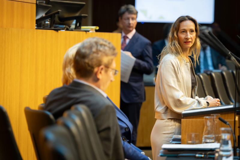Am Redner:innenpult Nationalratsabgeordnete Agnes Sirkka Prammer (GRÜNE). Auf der Regierungsbank von rechts:  Volksanwältin Elisabeth Schwetz, Volksanwältin Gaby Schwarz und Volksanwalt Bernhard Achitz