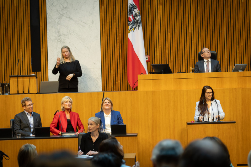 Am Redner:innenpult Nationalratsabgeordnete Muna Duzdar (SPÖ). Zweiter Nationalratspräsident Peter Haubner (ÖVP) am Präsidium. Auf der Regierungsbank von rechts:  Volksanwältin Elisabeth Schwetz, Volksanwältin Gaby Schwarz und Volksanwalt Bernhard Achitz