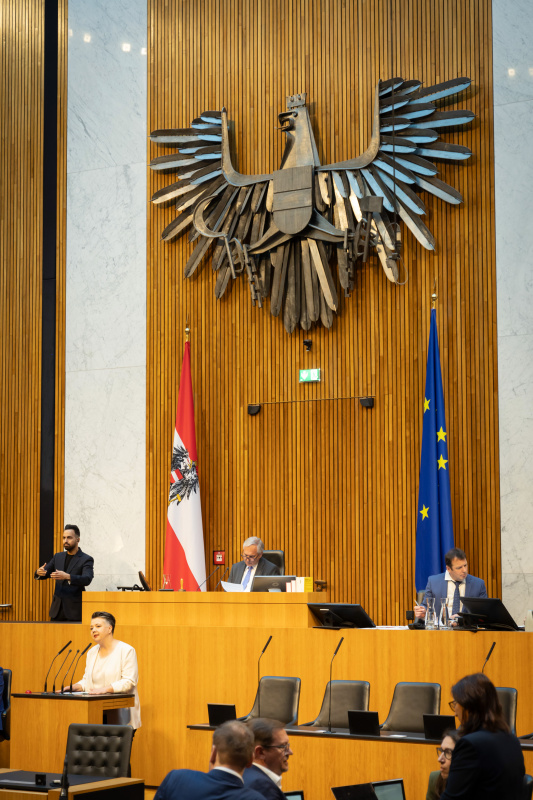 Am Redner:innenpult Nationalratsabgeordnete Olga Voglauer (GRÜNE). Nationalratspräsident Walter Rosenkranz (FPÖ) am Präsidium.