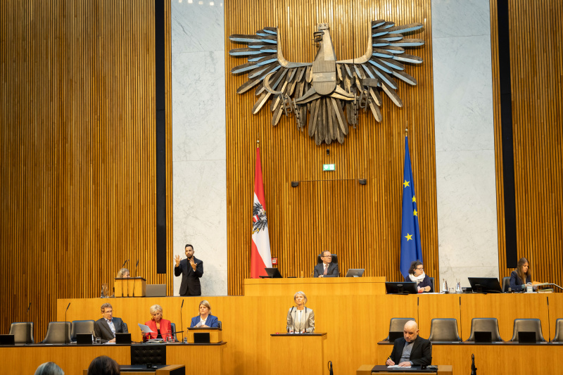 Am Redner:innenpult Nationalratsabgeordnete Romana Deckenbacher (ÖVP). Zweiter Nationalratspräsident Peter Haubner (ÖVP) am Präsidium. Auf der Regierungsbank von rechts:  Volksanwältin Elisabeth Schwetz, Volksanwältin Gaby Schwarz und Volksanwalt Bernhard Achitz