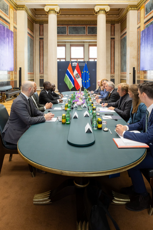 Aussprache. Rechte Tischhälfte: Österreichische Delegation unter der Leitung von Nationalratspräsident Walter Rosenkranz (FPÖ) (4. von rechts). Linke Tischhälfte: Delegation aus Gambia unter der Leitung des stellvertretenden Vorsitzenden der Nationalversammlung der Republik Gambia Seedy S.K. Njie (3.von links)