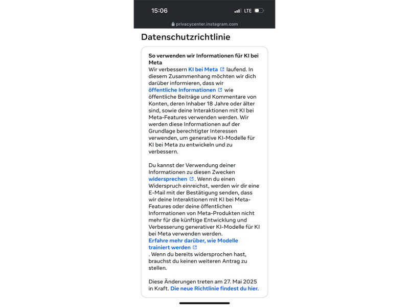 Screenshot Widerspruch Meta-KI