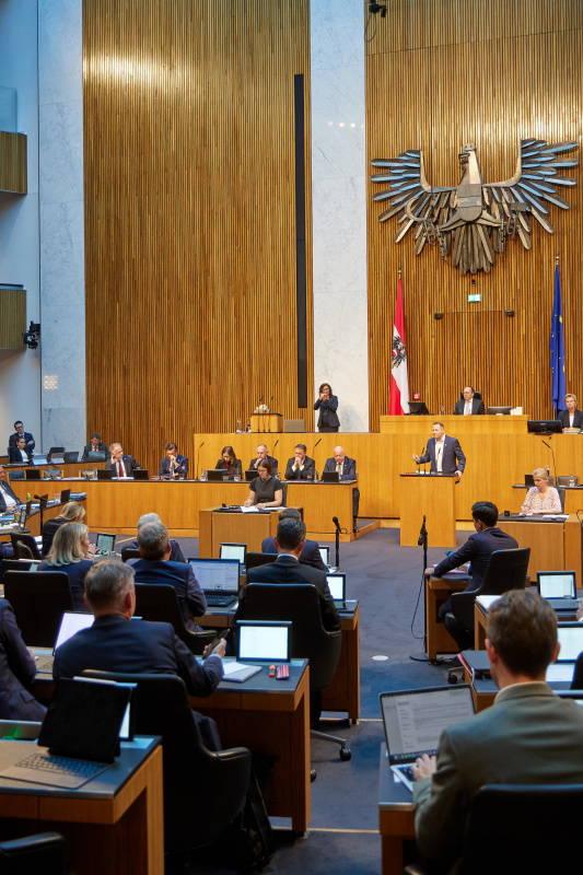 Am Redner:innenpult: Nationalratsabgeordneter Michael Schnedlitz (FPÖ)