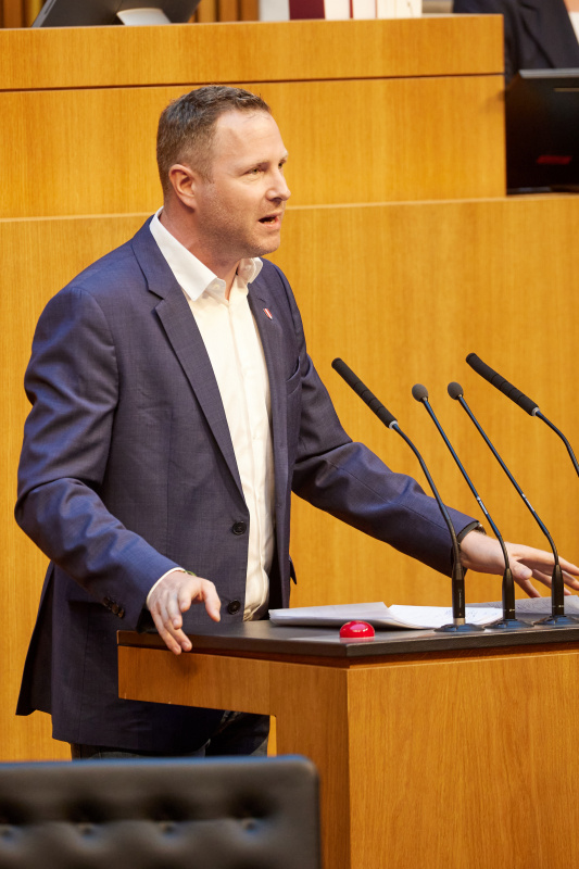 Am Redner:innenpult: Nationalratsabgeordneter Michael Schnedlitz (FPÖ)