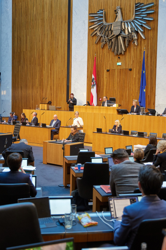 Am Redner:innenpult: Nationalratsabgeordnete Leonore Gewessler (GRÜNE)