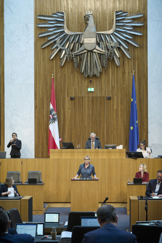 Am Redner:innenpult: Nationalratsabgeordnete Tina Angela Berger (FPÖ)