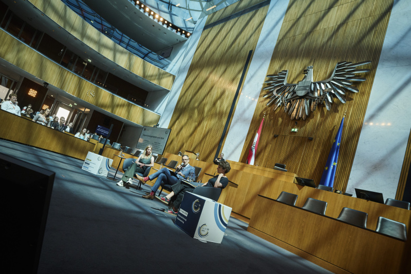 Expert:innengespräch. Von links: Bianca Ambros, Leiter des Foreign Policy Labs Universität Innsbruck Martin Senn, Univ.-Prof. für Zeitgeschichte Universität Wien Lucile Dreidemy