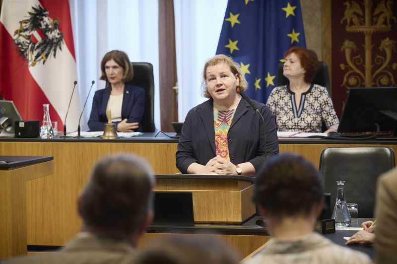 Am Redner:innenpult: Sozialministerin Korinna Schumann (SPÖ)