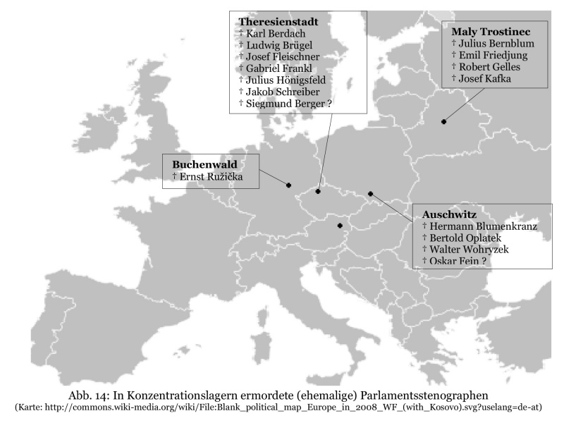 Europakarte, die zeigt in welchen Konzentrationslagern Parlamentsstenografen ermordet wurden