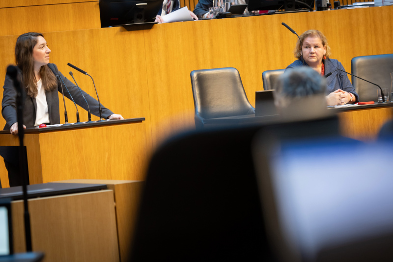 Am Redner:innenpult Nationalratsabgeordnete Julia Herr (SPÖ). Auf der Regierungsbank Sozialministerin Korinna Schumann (SPÖ)