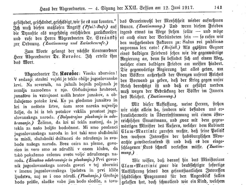 Stenographisches Protokoll der 4. Sitzung in der XXII. Session als Beispiel für eines der ersten veröffentlichten Protokolle mit nicht deutschsprachigen Reden