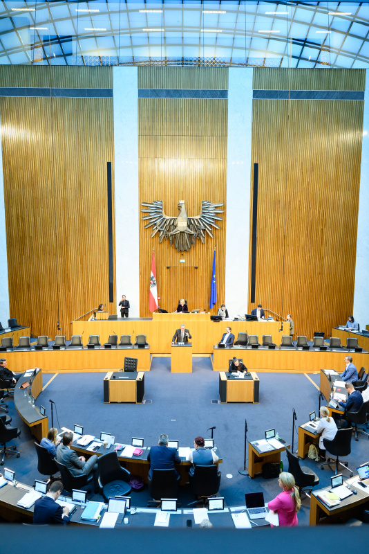 Am Präsidium: Dritte Nationalratspräsidentin Doris Bures (SPÖ). Am Rednerpult: Nationalratsabgeordneter Gerhard Deimek (FPÖ)