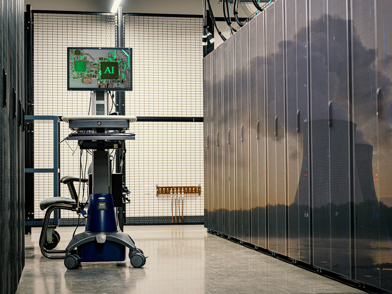 Collage: Serverraum mit Terminal auf dessen Monitor ein AI-Chip zu sehen ist. Auf den Serverracks ist ein Foto von einem Atom-Meiler projeziert.