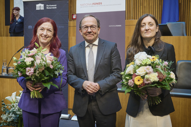 Von links: Vorständin des Nationalfonds Hannah Lessing, Zweiter Nationalratspräsident Peter Haubner (ÖVP), Vorständin des Nationalfonds Judith Pfeffer
