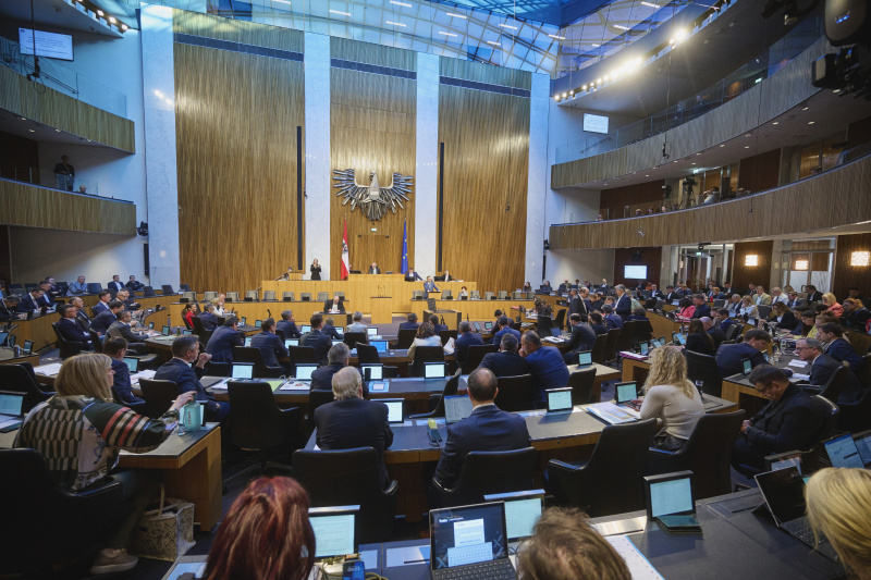 Am Rednerpult: Wirtschaftsminister Wolfgang Hattmannsdorfer (ÖVP). Blick Richtung Sitzungsteilnehmerinnen und -teilnehmer