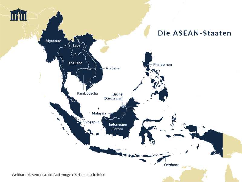 ASEAN-Staaten: Myanmar, Laos, Thailand, Vietnam, Kambodscha, Philippinen, Brunei, Darussalam, Malaysia, Singapur, Indonesien, Borneo, Osttimor