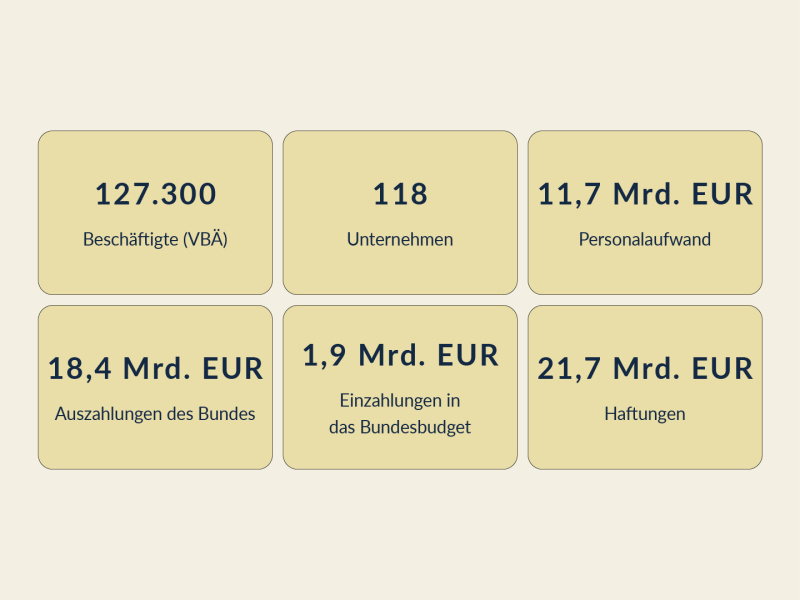 Die Beteiligungen des Bundes umfassen laut Vorschau 2025 127.300 Beschäftigte (VBÄ), 118 Unternehmen, 11,7 Mrd. EUR für Personalaufwand, 18,4 Mrd. EUR an Auszahlungen des Bundes, 1,9 Mrd. EUR an Einzahlungen in das Bundesbudget und 21,7 Mrd. EUR an Haftungen