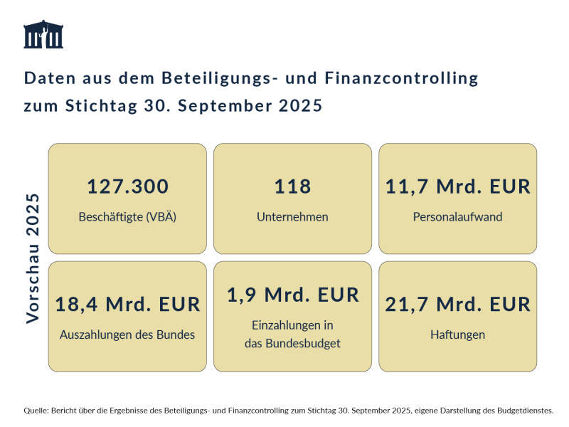 Die Beteiligungen des Bundes umfassen laut Vorschau 2025 127.300 Beschäftigte (VBÄ), 118 Unternehmen, 11,7 Mrd. EUR für Personalaufwand, 18,4 Mrd. EUR an Auszahlungen des Bundes, 1,9 Mrd. EUR an Einzahlungen in das Bundesbudget und 21,7 Mrd. EUR an Haftungen