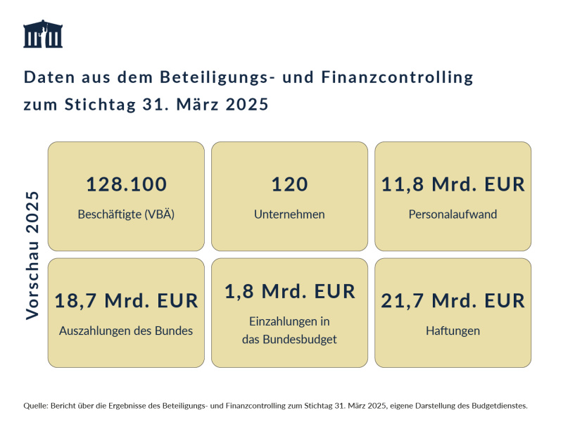 Die Beteiligungen des Bundes umfassen laut Vorschau 2025 128.100 Beschäftigte (VBÄ), 120 Unternehmen, 11,8 Mrd. EUR für Personalaufwand, 18,7 Mrd. EUR an Auszahlungen des Bundes, 1,8 Mrd. EUR an Einzahlungen in das Bundesbudget und 21,7 Mrd. EUR an Haftungen