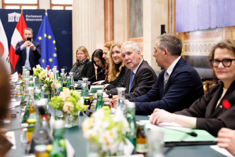 Aussprache. Österreichische Delegation unter Leitung von Nationalratspräsident Walter Rosenkranz (FPÖ) (3. von rechts)