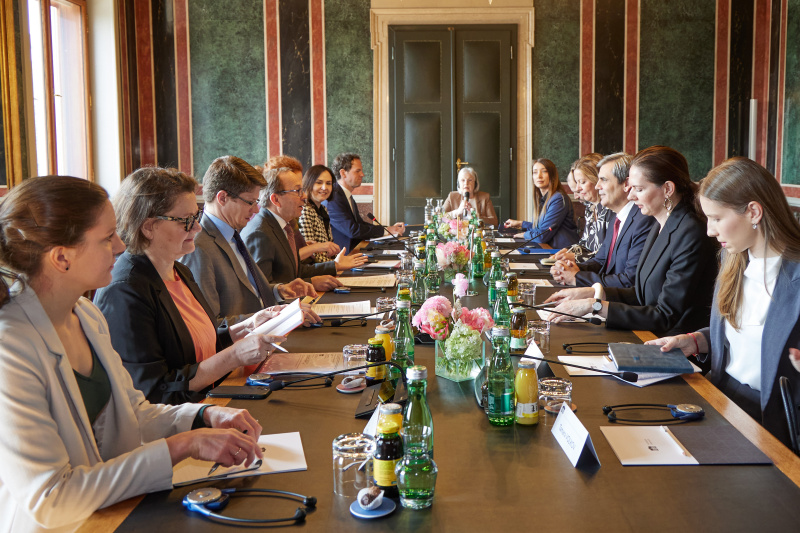 Arbeitsgespräch. Linke Tischhälfte: Österreichische Delegation unter der Leitung des Zweiten Nationalratspräsidenten Peter Haubner (ÖVP) (4. von links). Rechte Tischhälfte: Delegation aus Montenegro unter der Leitung des stellvertretenden Ministerpräsidenten und Außenministers von Montenegro Ervin Ibrahimović (3. von rechts)