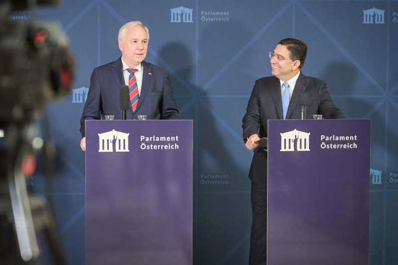 Pressestatement. Von links: Nationalratspräsident Walter Rosenkranz (FPÖ), Außenminister des Königreichs Marokko Nasser Bourita