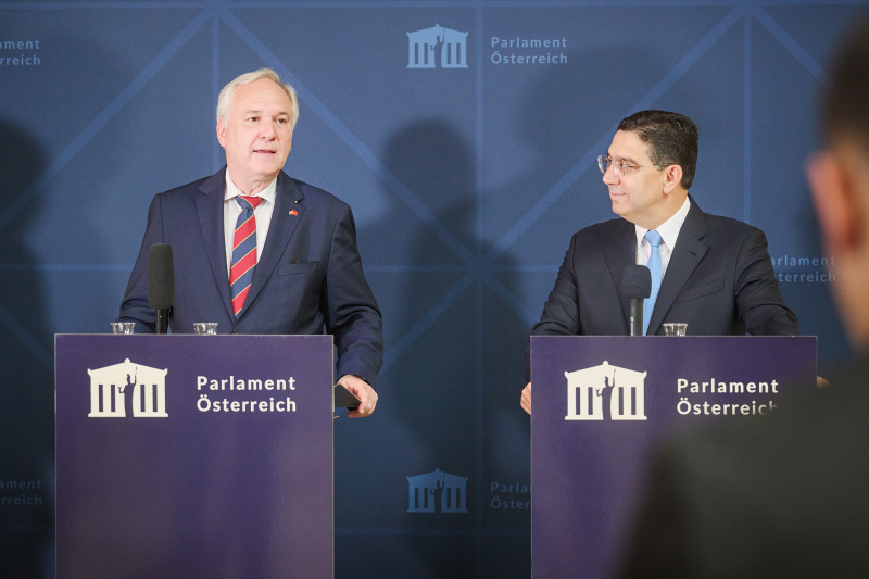 Pressestatement. Von links: Nationalratspräsident Walter Rosenkranz (FPÖ), Außenminister des Königreichs Marokko Nasser Bourita