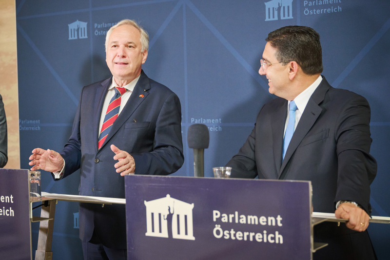 Pressestatement. Von links: Nationalratspräsident Walter Rosenkranz (FPÖ), Außenminister des Königreichs Marokko Nasser Bourita