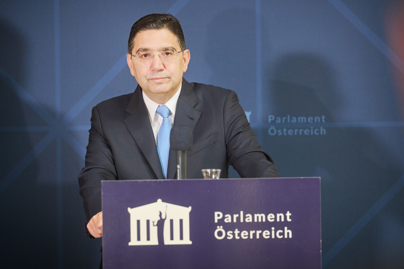 Pressestatement. Von links: Nationalratspräsident Walter Rosenkranz (FPÖ), Außenminister des Königreichs Marokko Nasser Bourita