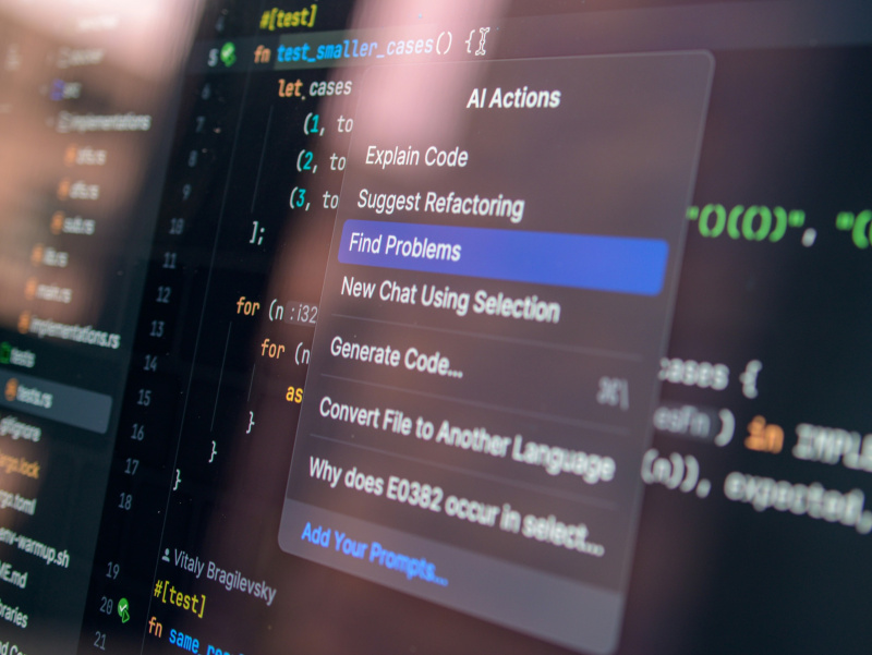 Illustration: Coding Software mit KI-Funktion, die bei Problemen hilft.