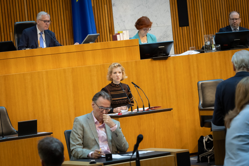 Nationalratspräsident Walter Rosenkranz (FPÖ) am Präsidium. Am Rednerinnenpult: Frauenministerin Eva-Maria Holzleitner (SPÖ)