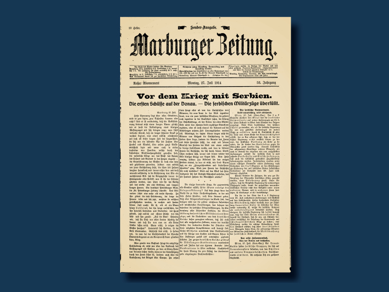 Am Vorabend des Ersten Weltkriegs: Titelseite der "Marburger Zeitung" vom 27. Juli 1914