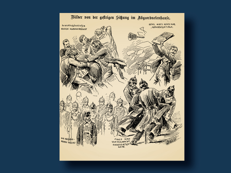 Karikatur zum Sprachenstreit im Abgeordnetenhaus des österreichischen Reichsrates am 28. Oktober 1897