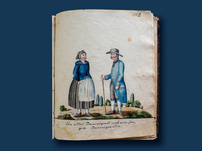 „Ein alter Transmigrant und eine jüngere Transmigrantin“, Aquarell aus „Die Bewohner Siebenbürgens“ (1816) von Daniel Joseph Leonhard (1786–1853)