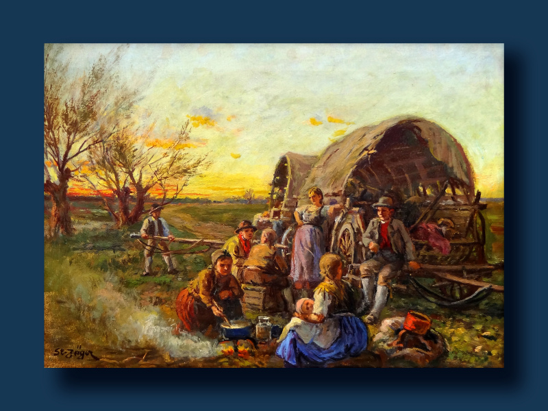 Donauschwäbische Siedler bei der Rast, historistisches Gemälde des Banater Malers Stefan Jäger (1877–1962)