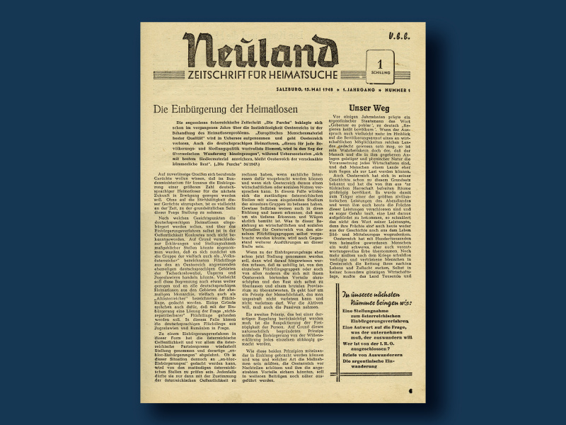 Die donauschwäbische Wochenschrift „Neuland“ erscheint von 1948 bis 1979 in Salzburg.