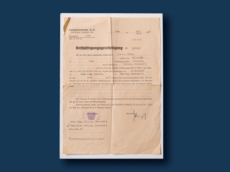 Ausstellungsstücke: Beschäftigungsgenehmigung Peter Joos