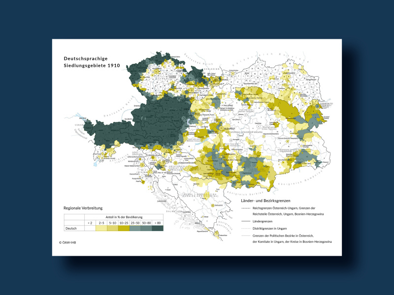 Karte der deutschsprachigen Siedlungsgebiete in Österreich-Ungarn im Jahr 1910. Dargestellt sind die Länder der ehemaligen Habsburgermonarchie mit regionalen Anteilen deutschsprachiger Bevölkerung nach Bezirken bzw. Städten. Die Farbskala reicht von sehr geringen Anteilen unter 2 Prozent bis zu Mehrheiten von über 80 Prozent. Sehr hohe Anteile zeigen sich vor allem im heutigen Österreich sowie in geschlossenen oder zusammenhängenden Gebieten Böhmens, Mährens und Schlesiens. Weitere deutschsprachige Siedlungsräume erscheinen als kleinere, teils verstreute Inseln und Zonen in Ungarn, der heutigen Slowakei, Slowenien, Kroatien, Serbien, Rumänien, der Ukraine und Polen, besonders in Regionen wie Zips, Banat, Batschka, Siebenbürgen, Galizien und Bukowina. Die Karte verdeutlicht die weite, aber regional sehr unterschiedlich dichte Verbreitung deutschsprachiger Bevölkerung innerhalb der Monarchie