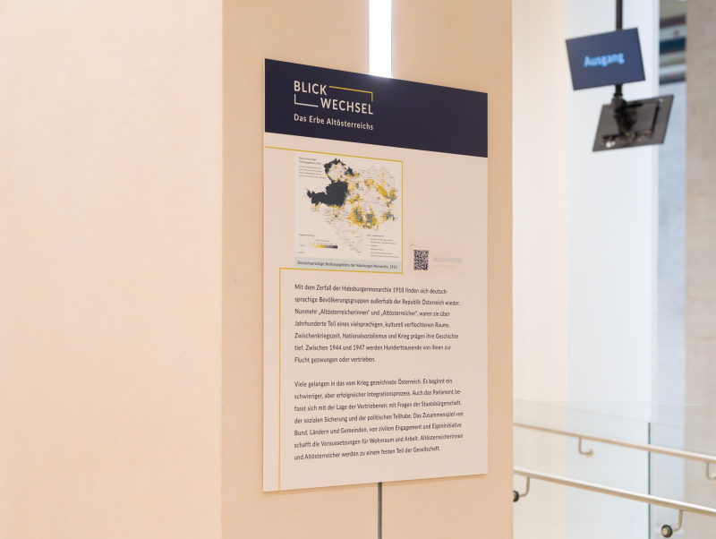 Litfaßsäule, Vitrinen und Paneel der Ausstellung