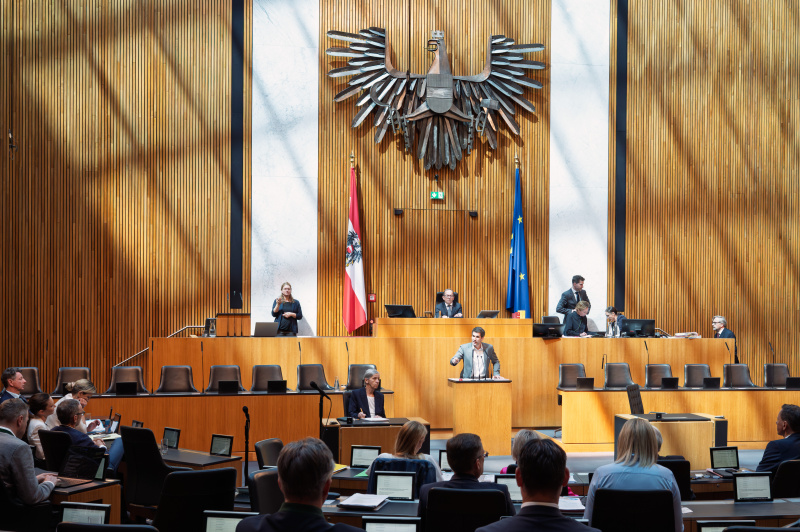 Die Grünen wollen dem Ausschuss für innere Angelegenheiten zur Berichterstattung über den Antrag zu "Vollzug und Anpassung des Gesetzes zum Symbole-Verbot der rechtsextremen ldentitären" eine Frist bis zum 9. Juli 2026 setzen. Erstredner Nationalratsabgeordneter Lukas Hammer (Grüne) am Wort. Blick ins Plenum