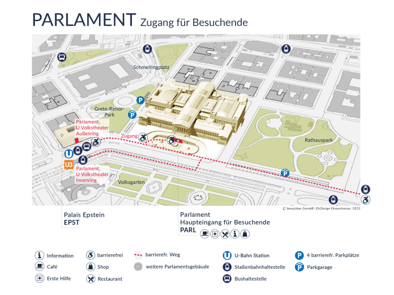 Grafik. Umgebungsplan des Parlaments für barrierefreien Zutritt.