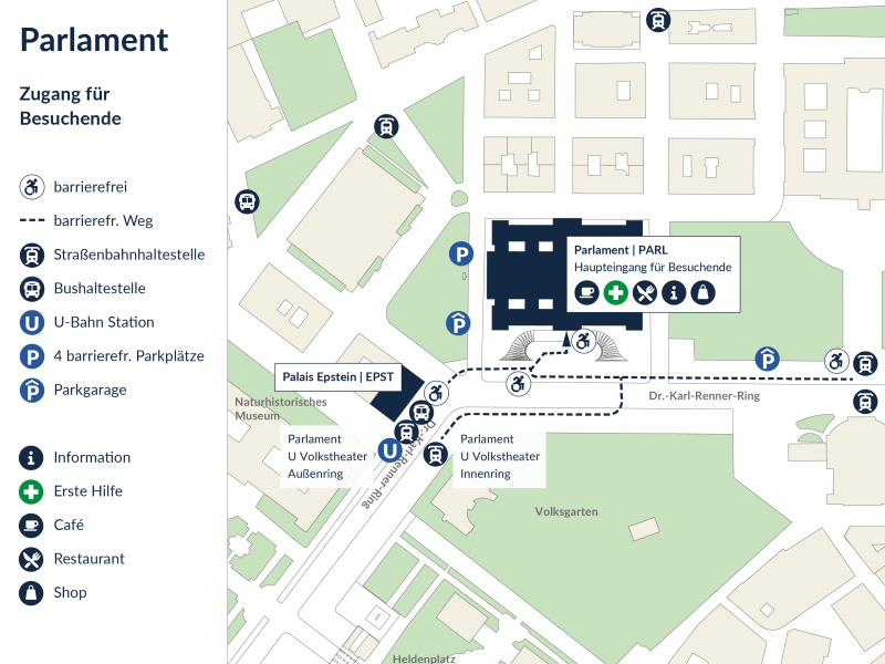 Grafik. Umgebungsplan des Parlaments für barrierefreien Zutritt.