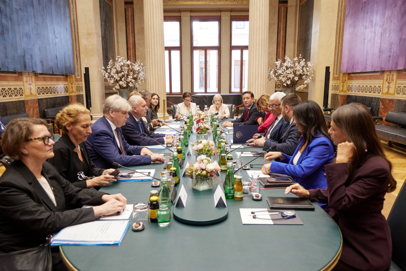 Arbeitsgespräch. Linke Tischhälfte: österreichische Delegation unter der Leitung des Nationalratspräsidenten Walter Rosenkranz (FPÖ) (4. von links). Rechte Tischhälfte: Delegation aus Montenegro unter der Leitung des Präsidenten des Parlaments von Montenegro Andrija Mandić (4. von rechts)