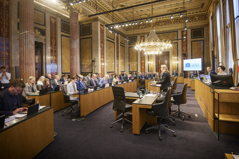 Am Rednerinnenpult Außenministerin Beate Meinl-Reisinger (NEOS). Blick Richtung Sitzungsteilnehmerinnen und -teilnehmer