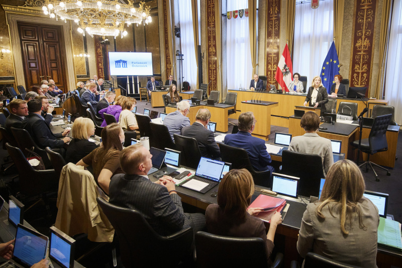 Am Rednerinnenpult Außenministerin Beate Meinl-Reisinger (NEOS). Blick Richtung Sitzungsteilnehmerinnen und -teilnehmer