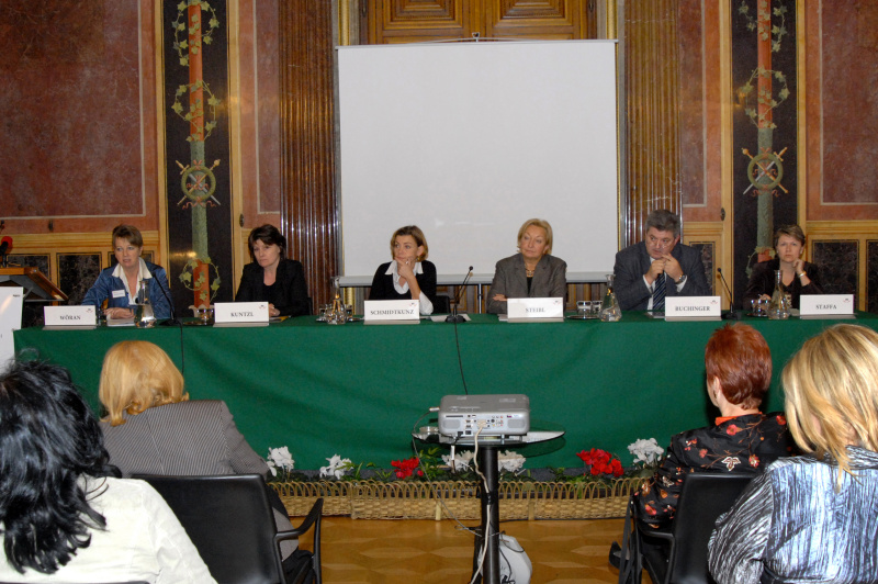 v.li. Elisabeth Wöran (Geschäftsführerin der ÖPA), Andrea Kuntzl, Diskussionsleiterin Renata Schmidtkunz, Ridi Steibl, Herbert Buchinger (Leiter des AMS Österreich), Herta Staffa (leitende Sozialarbeiterin im Jugendamt Wien 20).