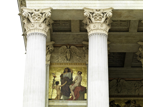 Korinthische Säulen im Portikus. Kassettendecke. Detail des Glasmosaikfrieses von E. Lebiedzki.